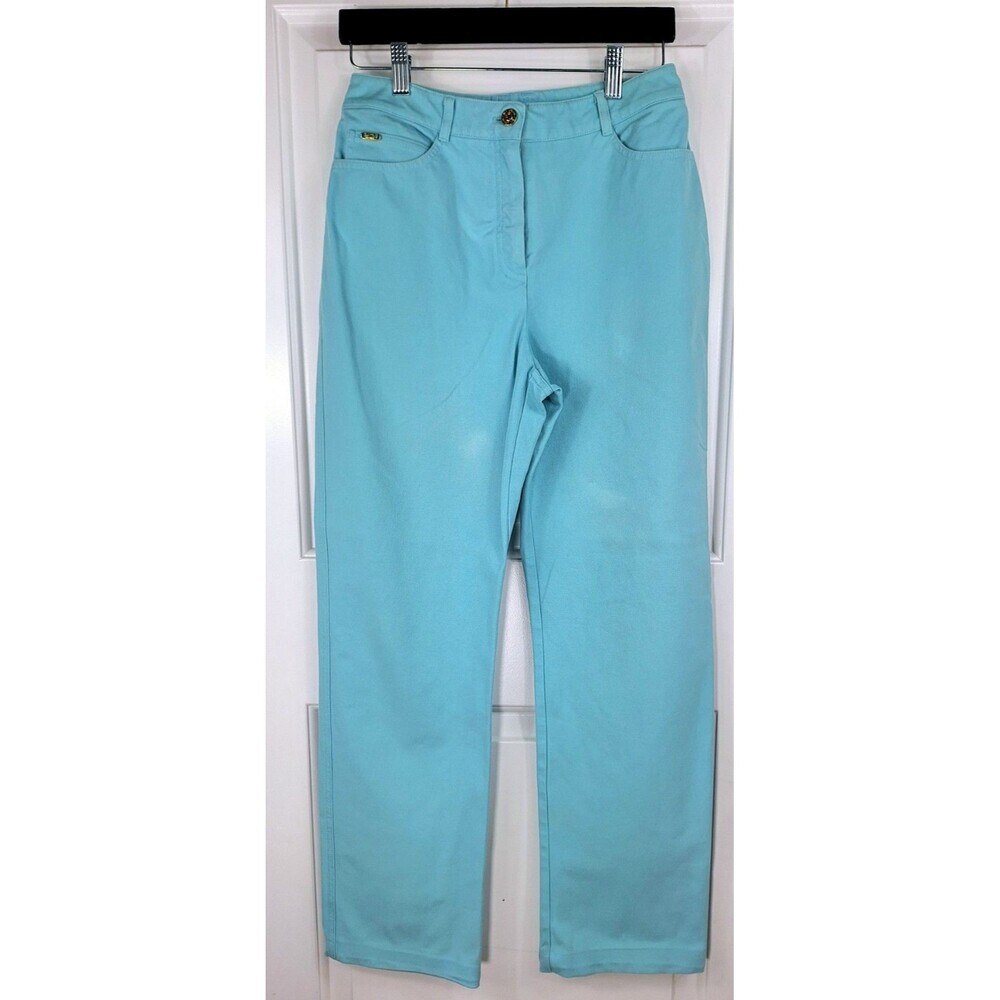 St John Sport Marie Gray Turquoise Blue Pique Straight Leg Pants 4 Gold Hardware